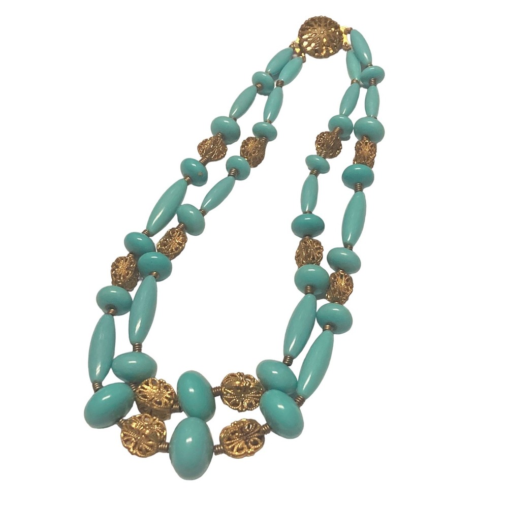 Vintage Faux Turquoise Gold Tone Beaded Double Strand Necklace